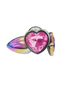 Plug Anal em Aço Colorido com Joia em Formato de Coração na Cor Rosa Tamanho P 7 x 2,7 cm